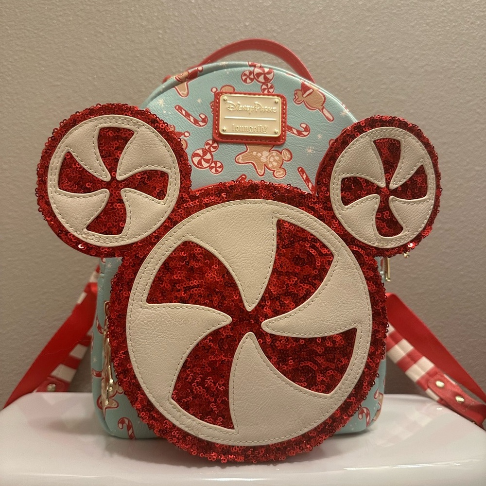 Loungefly Disney Red and Blue Peppermint Candy & Gingerbread Bag